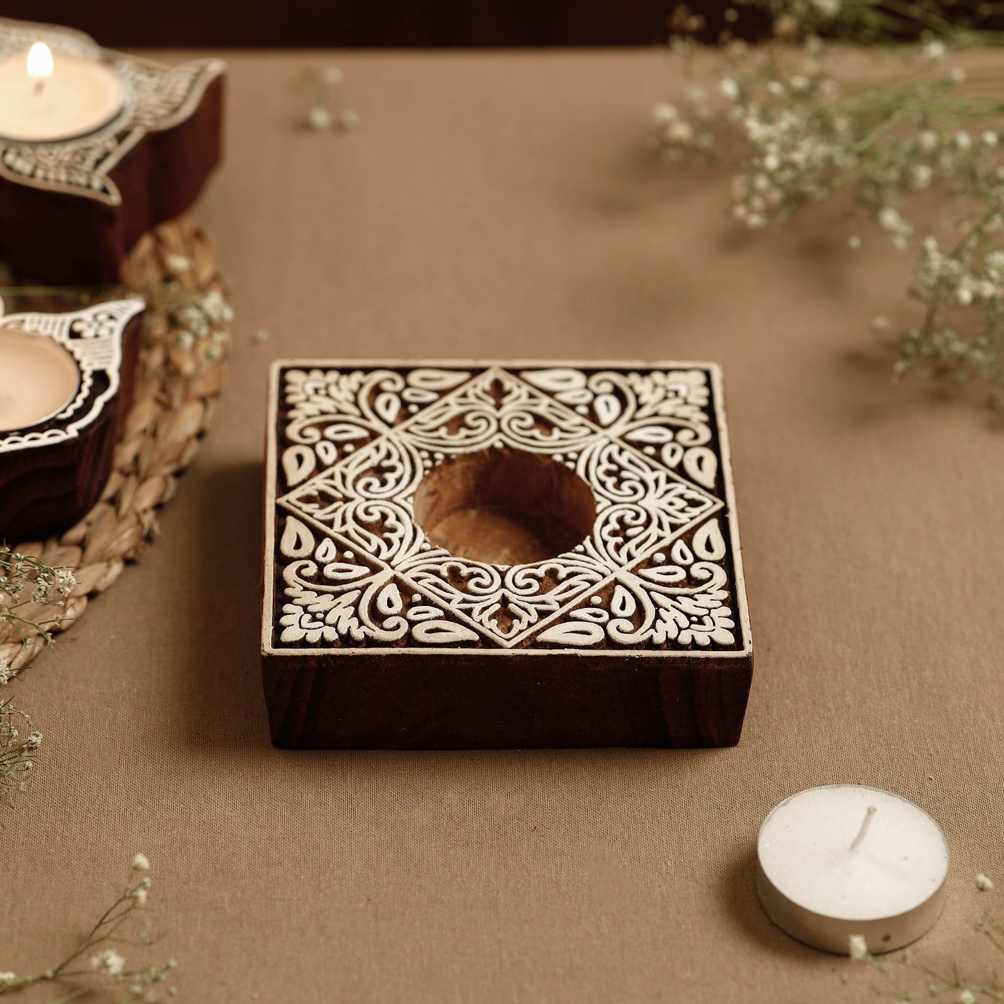 Hand Carved Sheesham Wood Block Tealight Candle Holder Online at iTokri.com