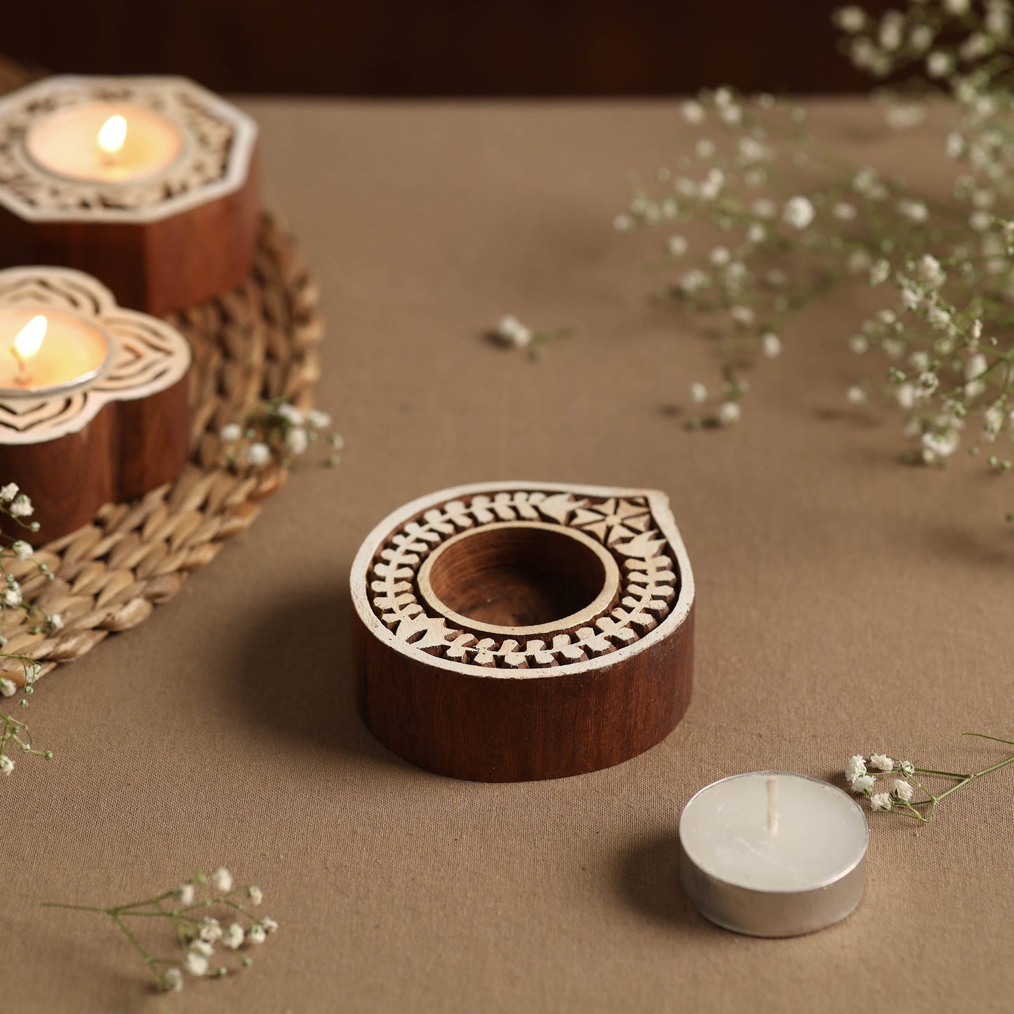 Hand Carved Sheesham Wood Block Tealight Candle Holder Online at iTokri.com