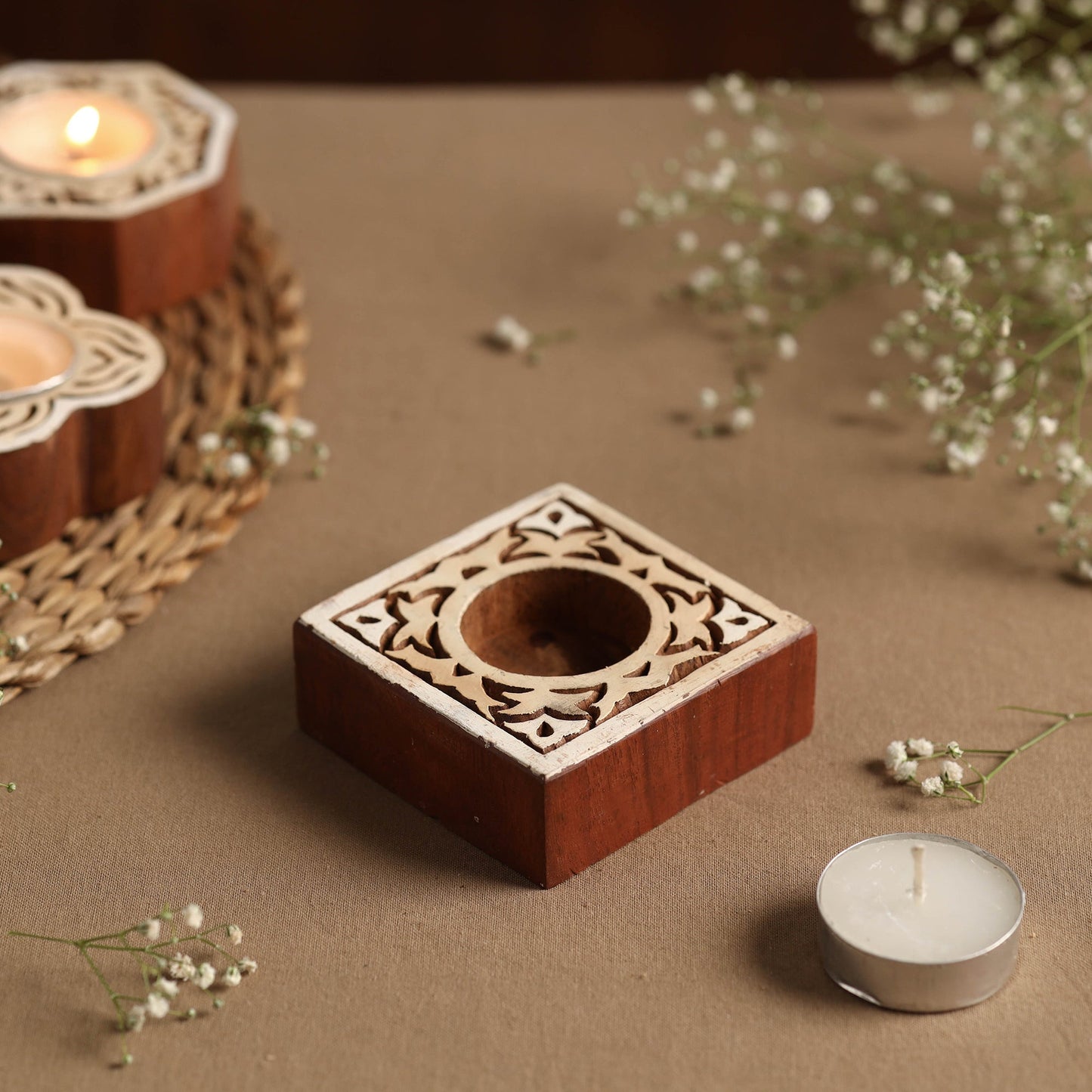Hand Carved Sheesham Wood Block Tealight Candle Holder Online at iTokri.com
