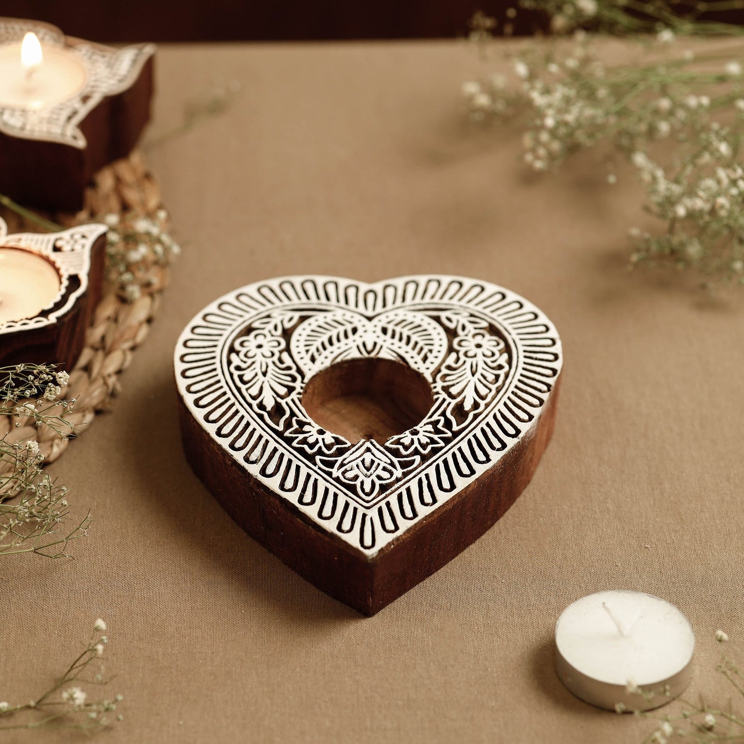 Hand Carved Sheesham Wood Block Tealight Candle Holder Online at iTokri.com