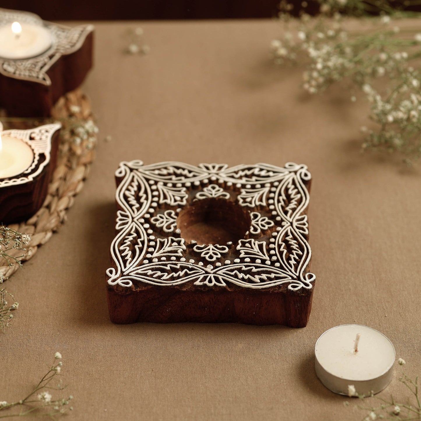 Hand Carved Sheesham Wood Block Tealight Candle Holder Online at iTokri.com