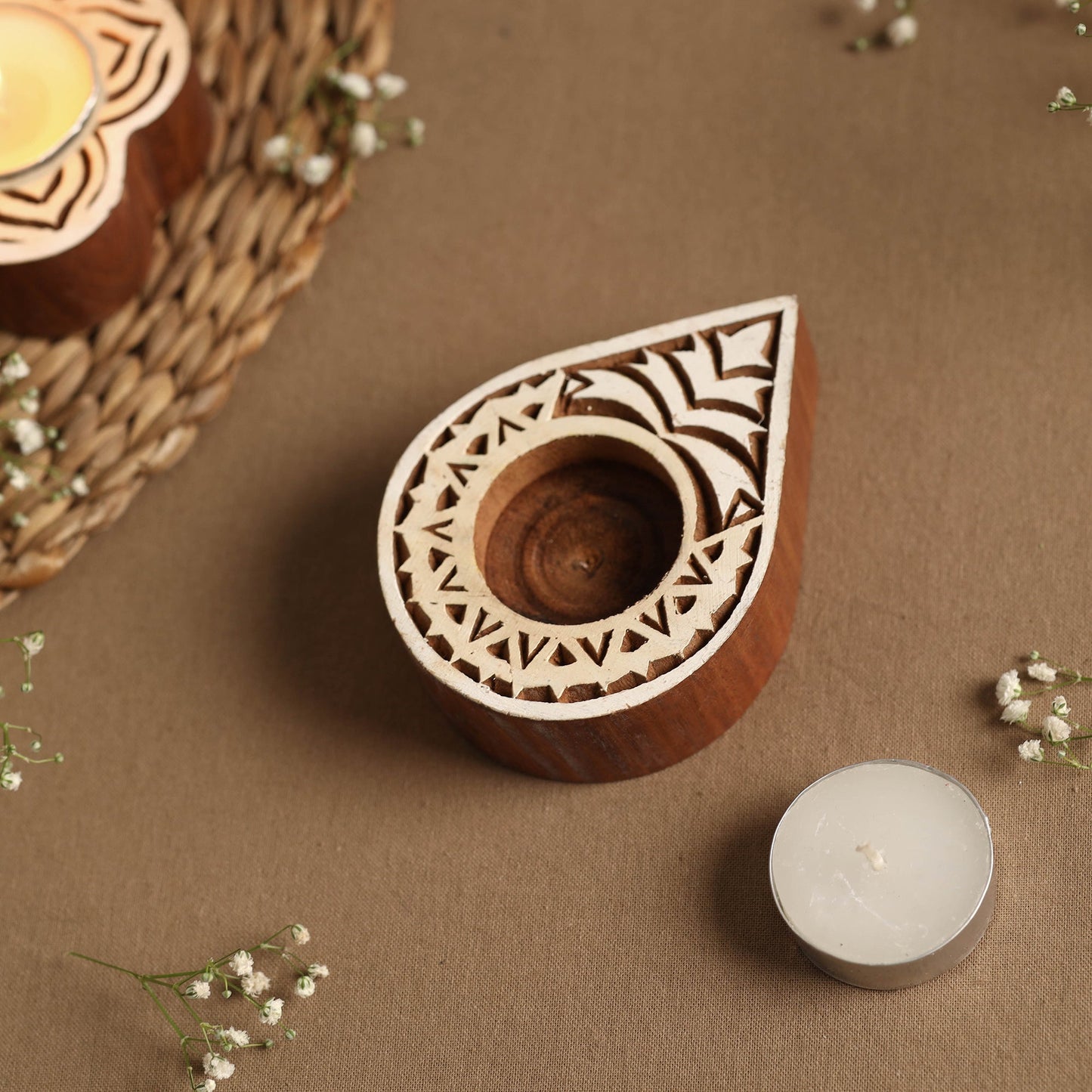 Hand Carved Sheesham Wood Block Tealight Candle Holder Online at iTokri.com