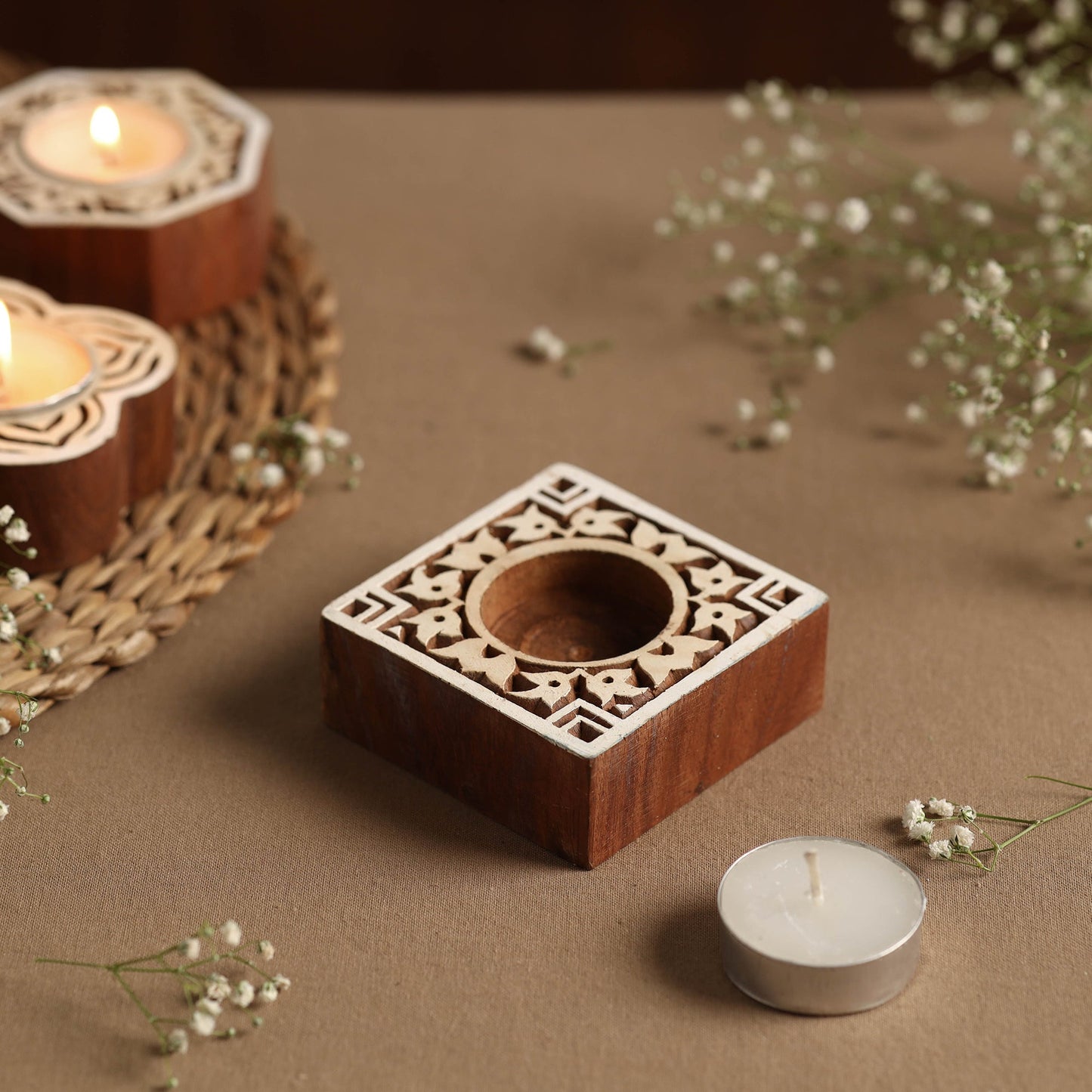 Hand Carved Sheesham Wood Block Tealight Candle Holder Online | iTokri
