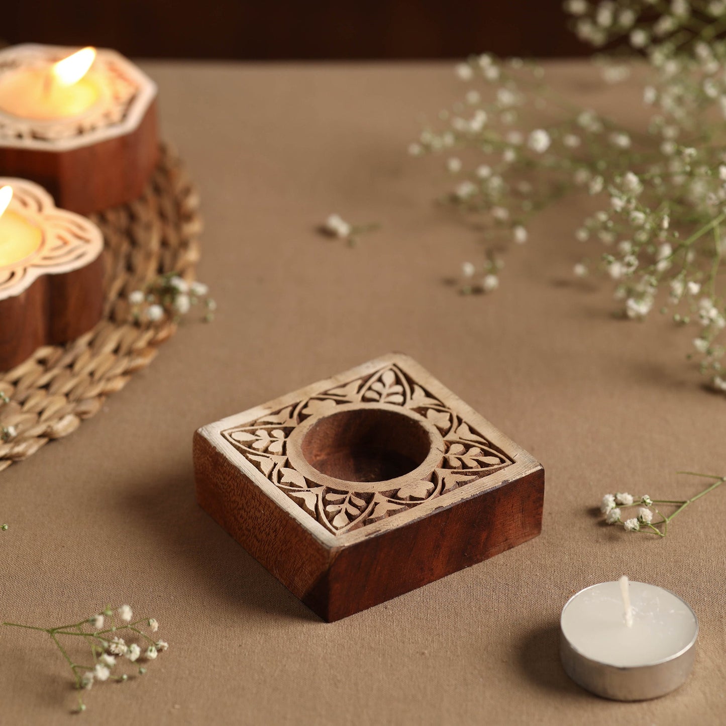 Hand Carved Sheesham Wood Block Tealight Candle Holder Online at iTokri.com