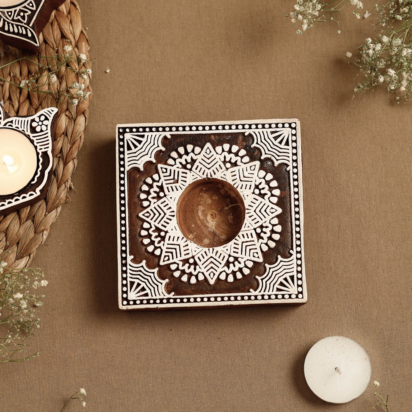 Hand Carved Sheesham Wood Block Tealight Candle Holder Online at iTokri.com
