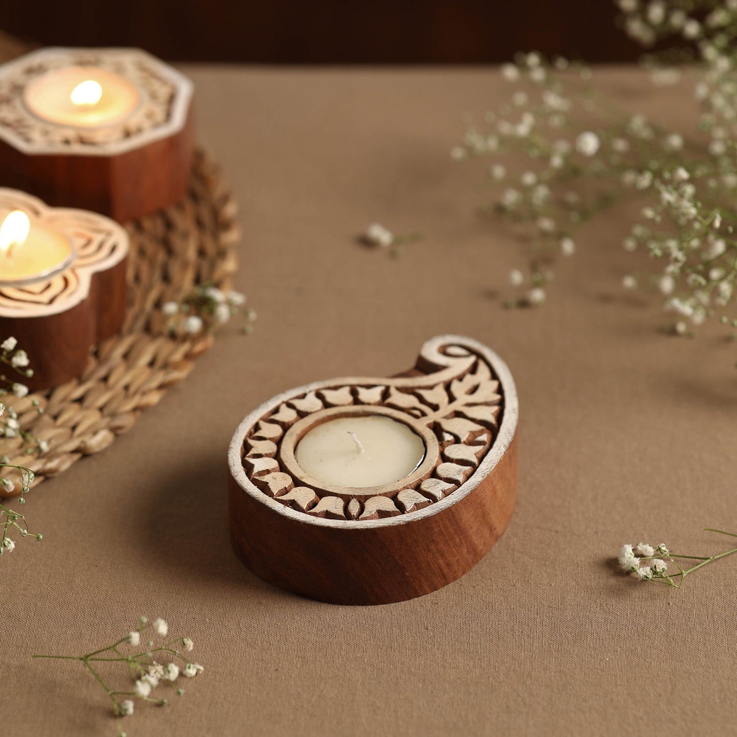 Hand Carved Sheesham Wood Block Tealight Candle Holder Online at iTokri.com