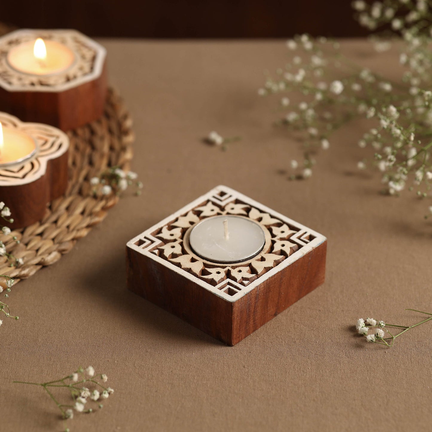 Hand Carved Sheesham Wood Block Tealight Candle Holder Online | iTokri