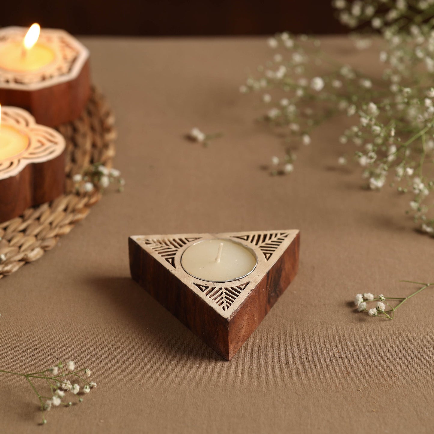 Hand Carved Sheesham Wood Block Tealight Candle Holder Online at iTokri.com