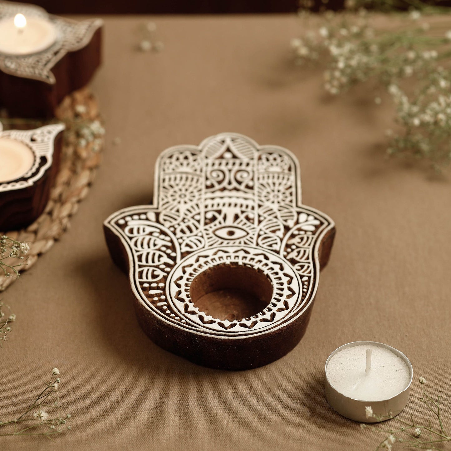 Hand Carved Sheesham Wood Block Tealight Candle Holder Online at iTokri.com