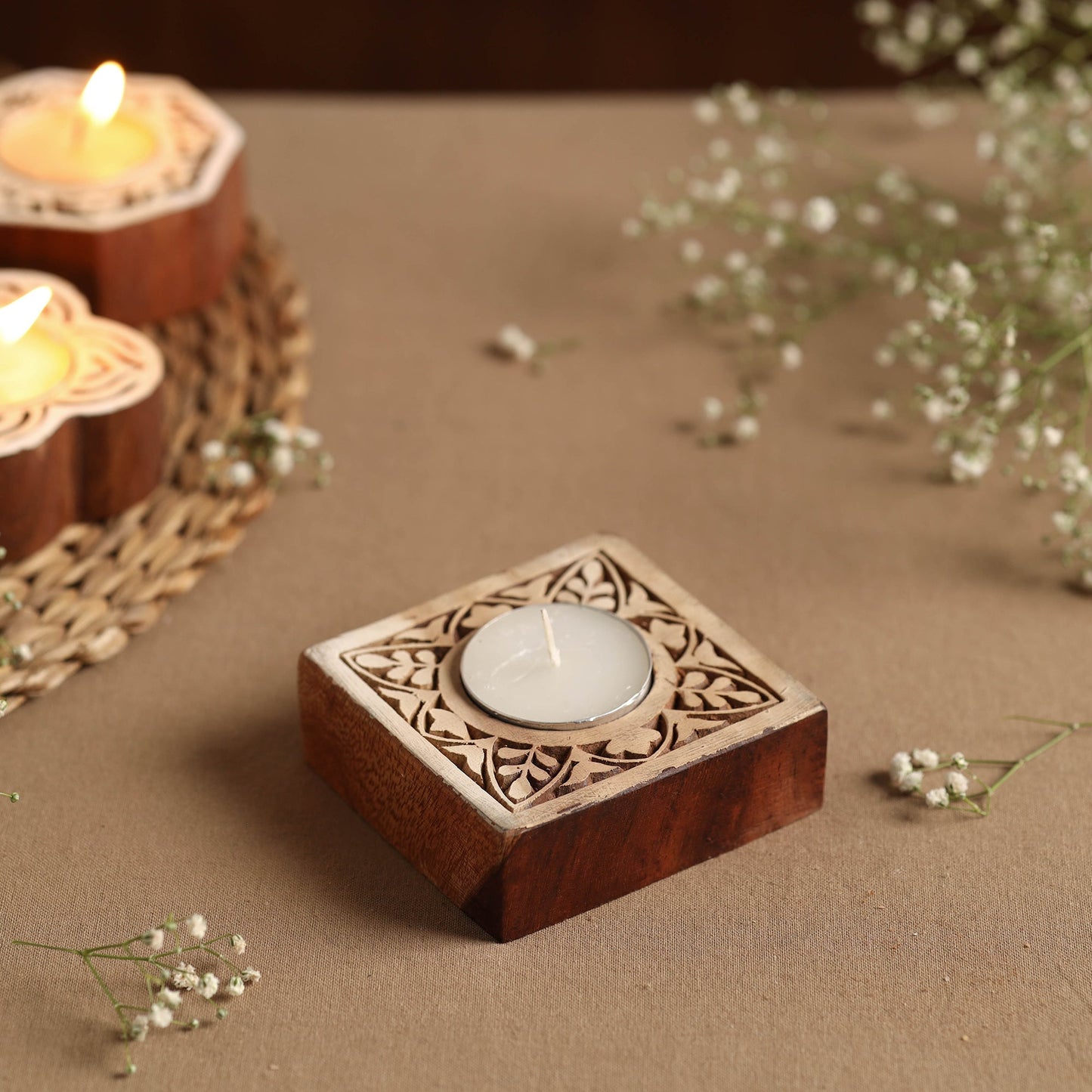 Hand Carved Sheesham Wood Block Tealight Candle Holder Online at iTokri.com