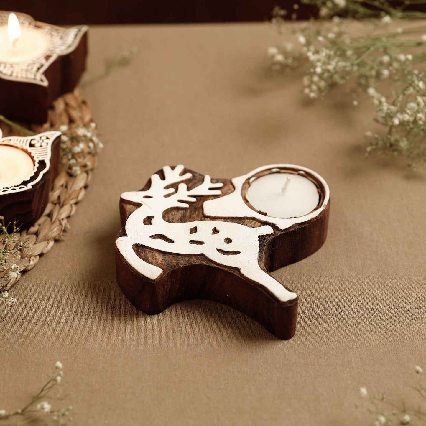 Hand Carved Sheesham Wood Block Tealight Candle Holder Online at iTokri.com
