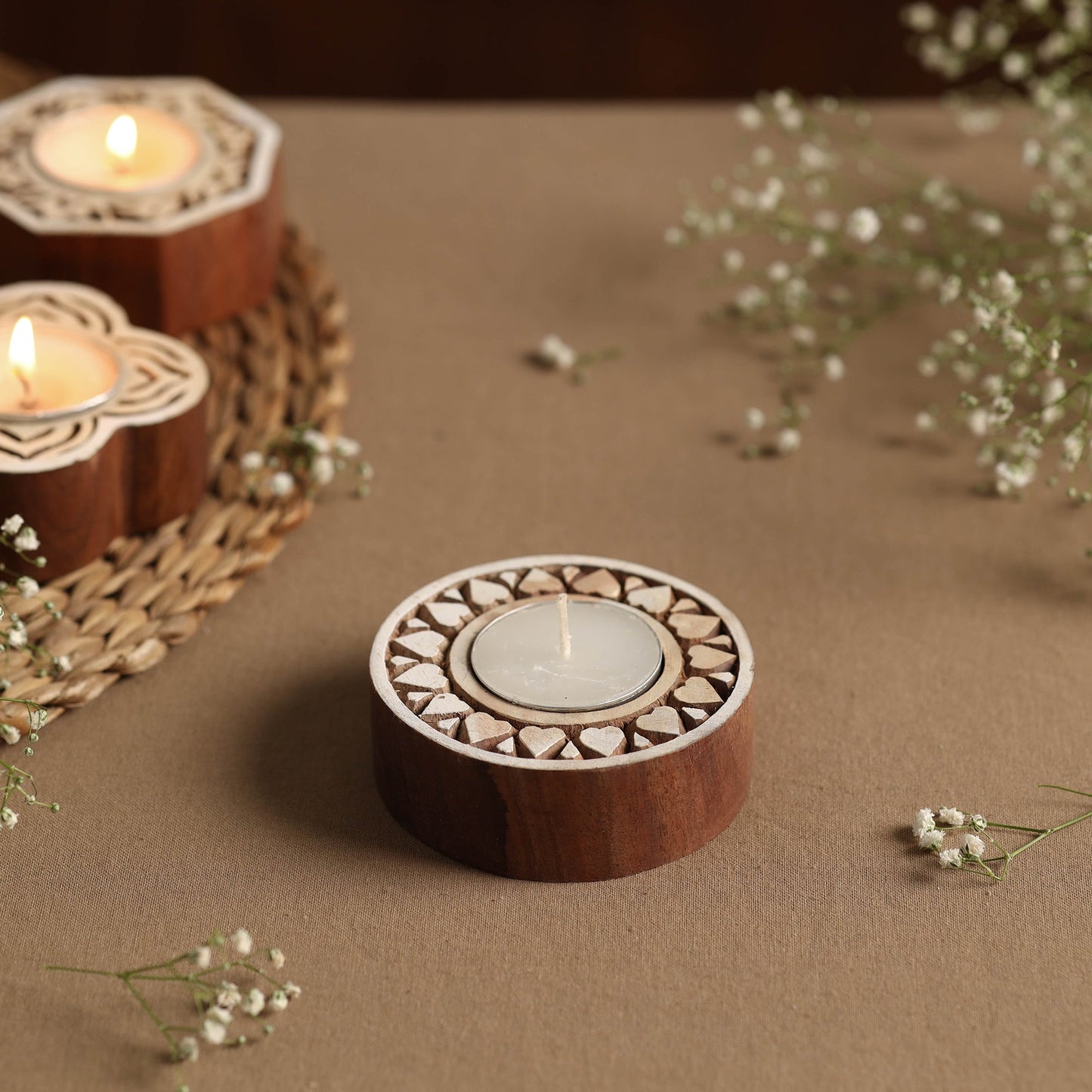 Hand Carved Sheesham Wood Block Tealight Candle Holder Online at iTokri.com
