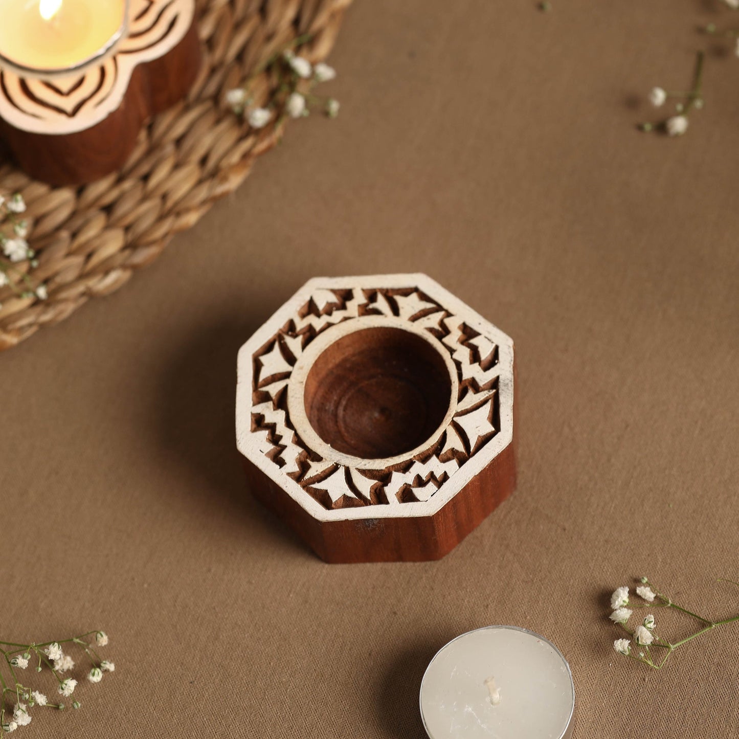 Hand Carved Sheesham Wood Block Tealight Candle Holder Online at iTokri.com