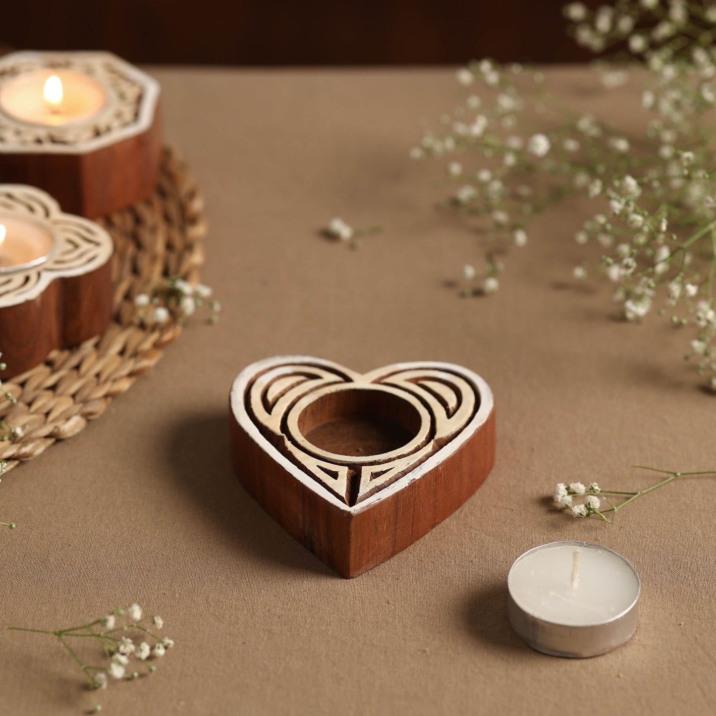 Hand Carved Sheesham Wood Block Tealight Candle Holder Online at iTokri.com