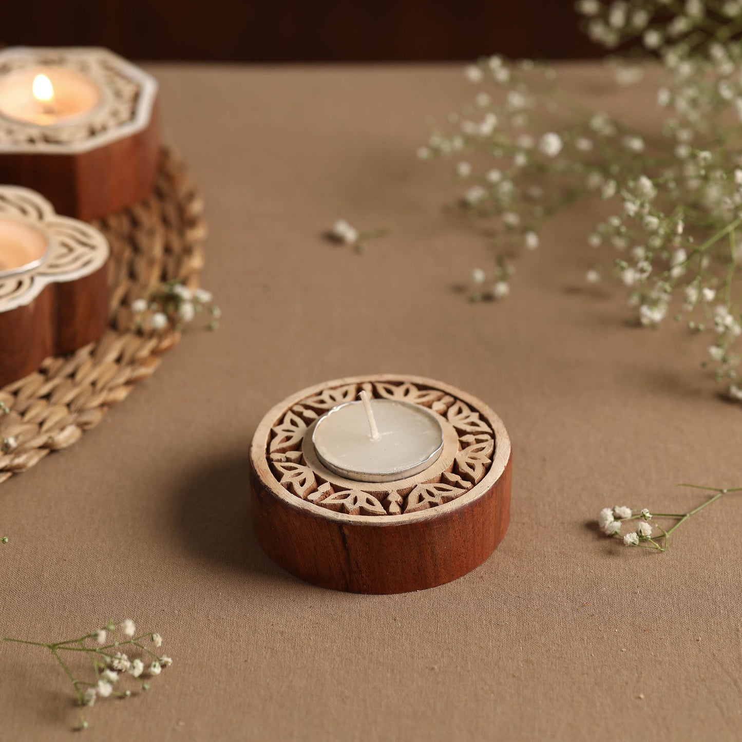 Hand Carved Sheesham Wood Block Tealight Candle Holder Online at iTokri.com