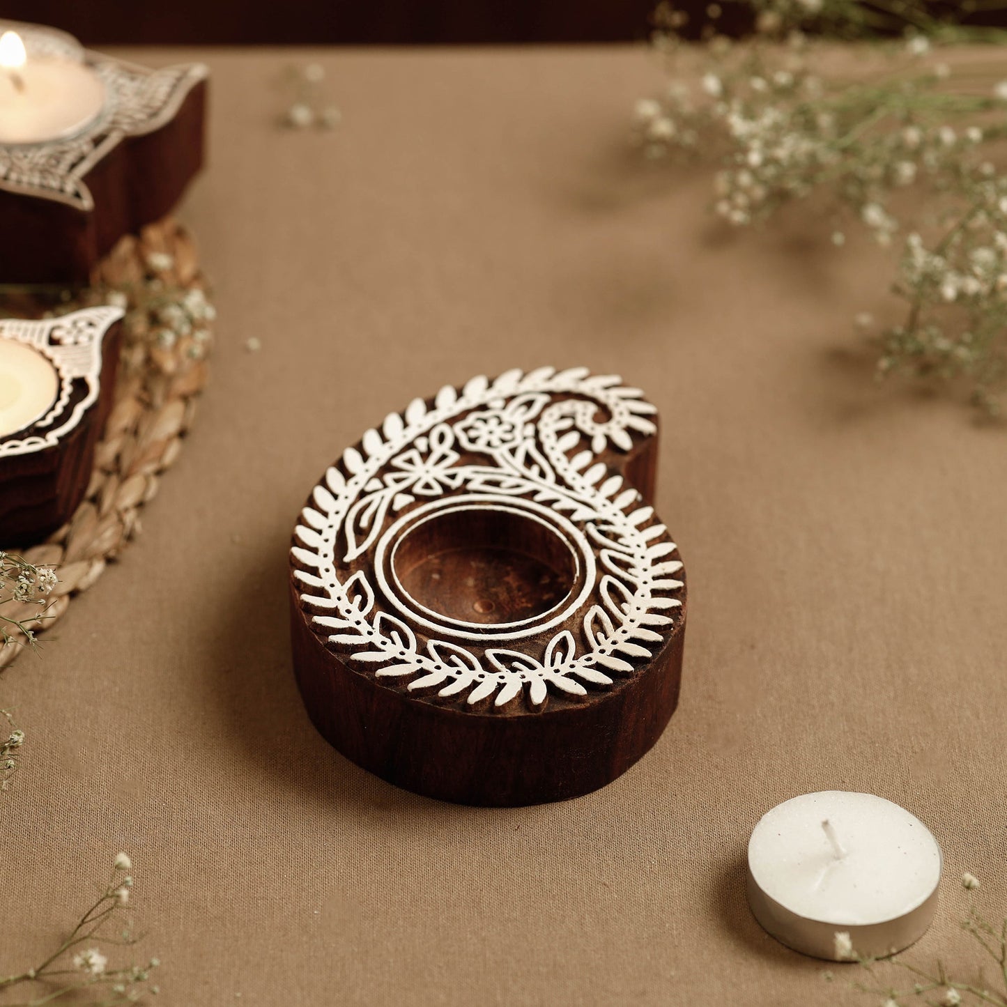 Hand Carved Sheesham Wood Block Tealight Candle Holder Online at iTokri.com