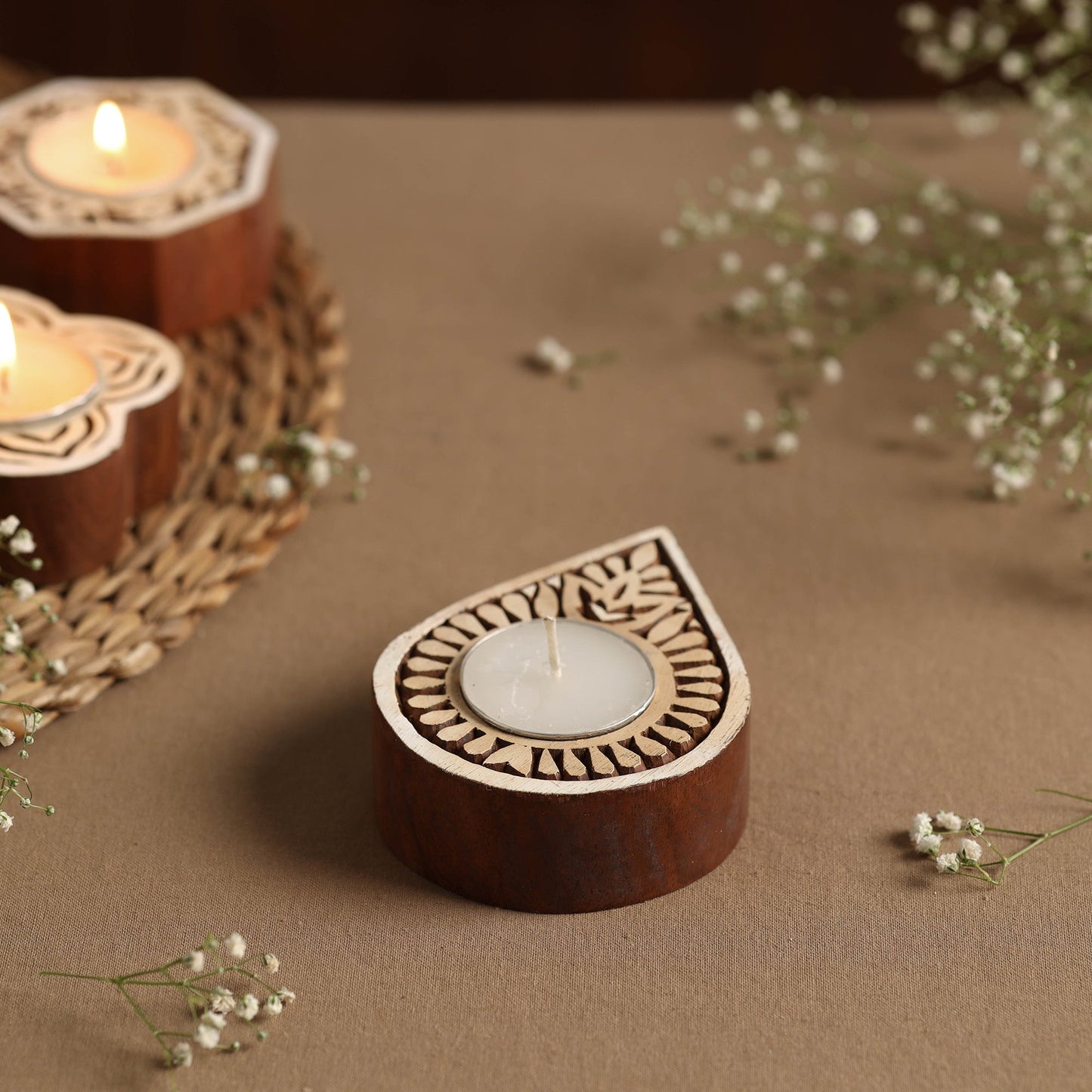 Hand Carved Sheesham Wood Block Tealight Candle Holder Online at iTokri.com