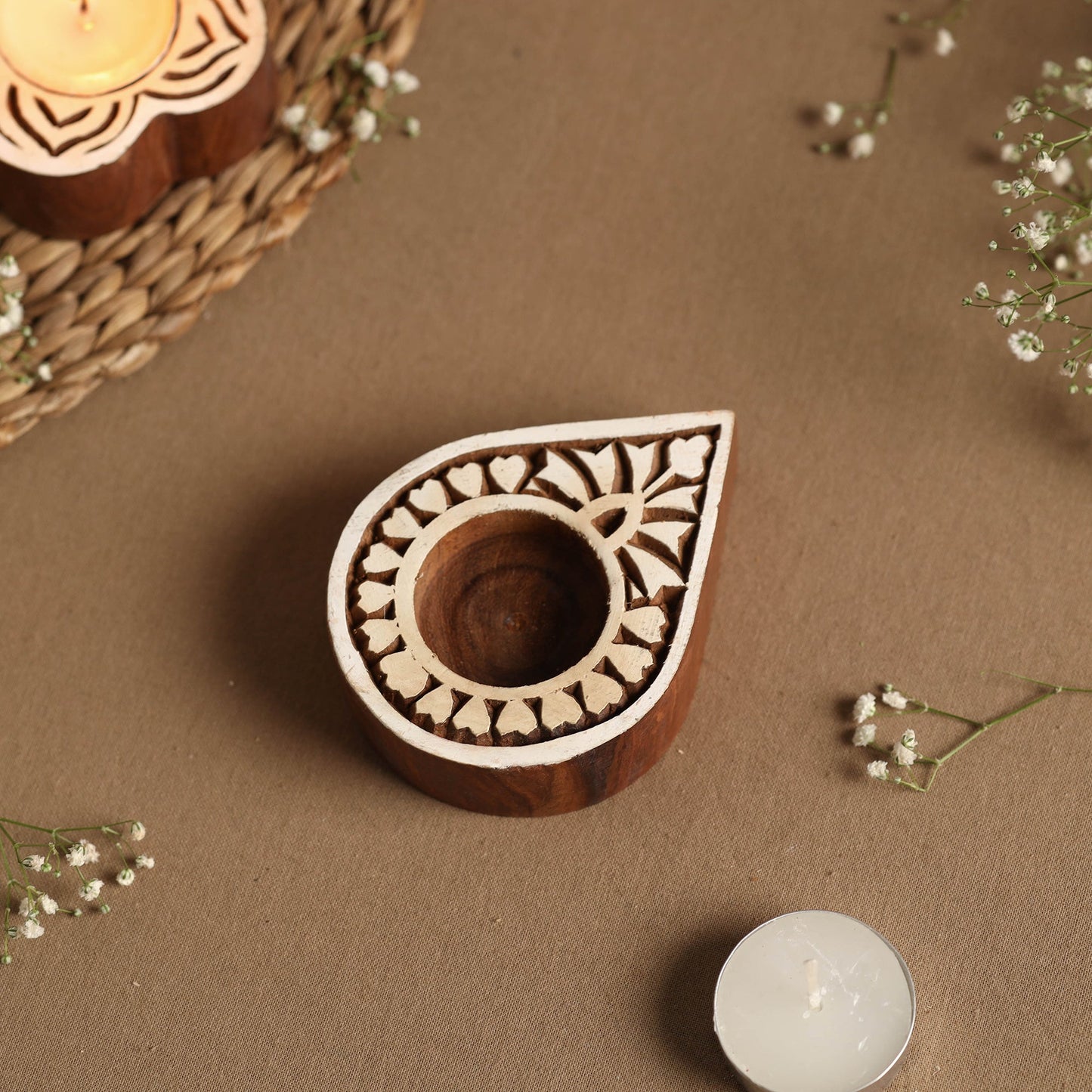 Hand Carved Sheesham Wood Block Tealight Candle Holder Online at iTokri.com