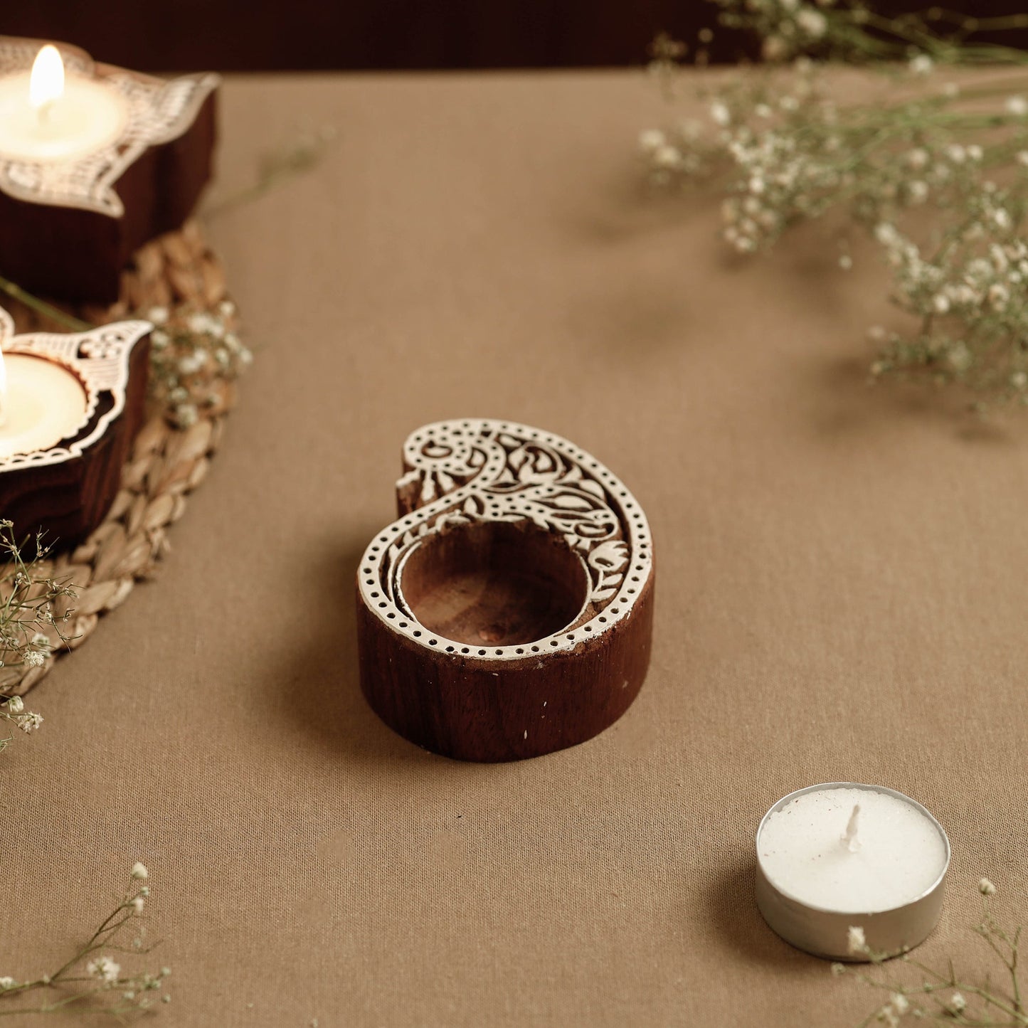 Hand Carved Sheesham Wood Block Tealight Candle Holder Online at iTokri.com