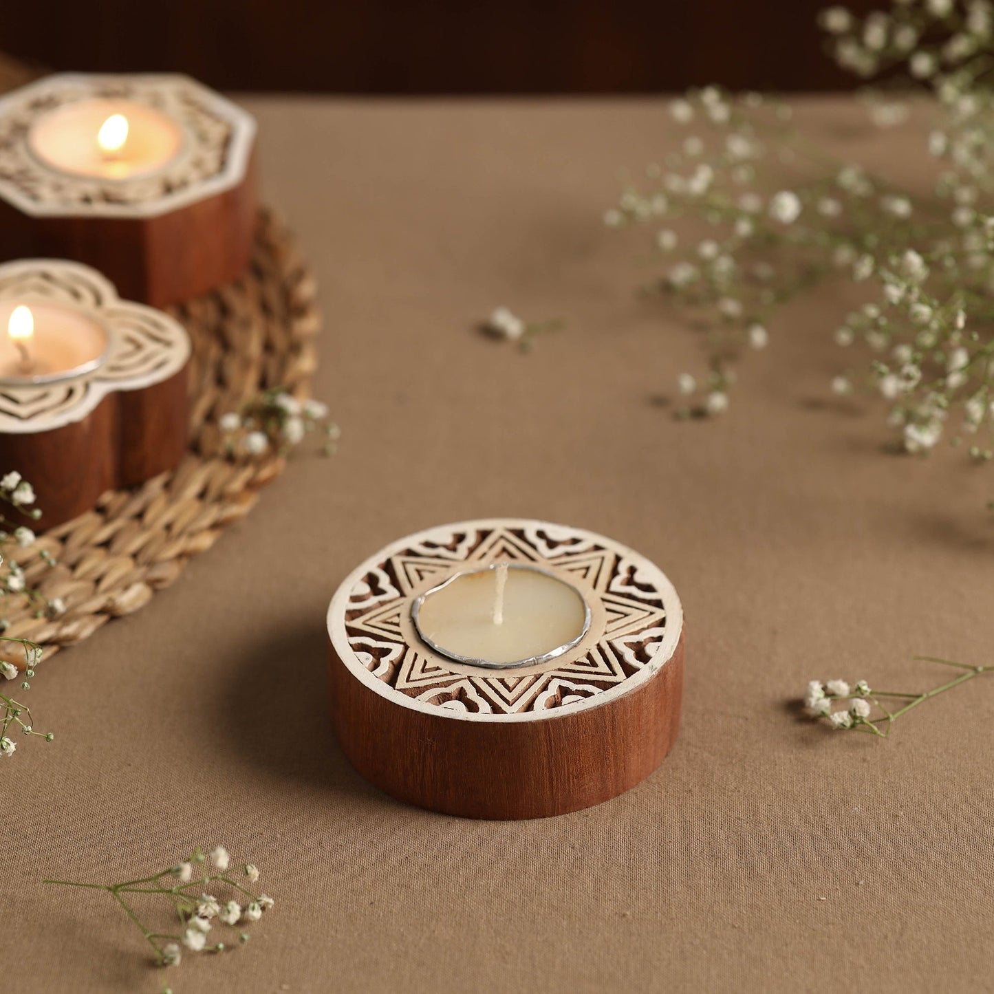 Hand Carved Sheesham Wood Block Tealight Candle Holder Online at iTokri.com