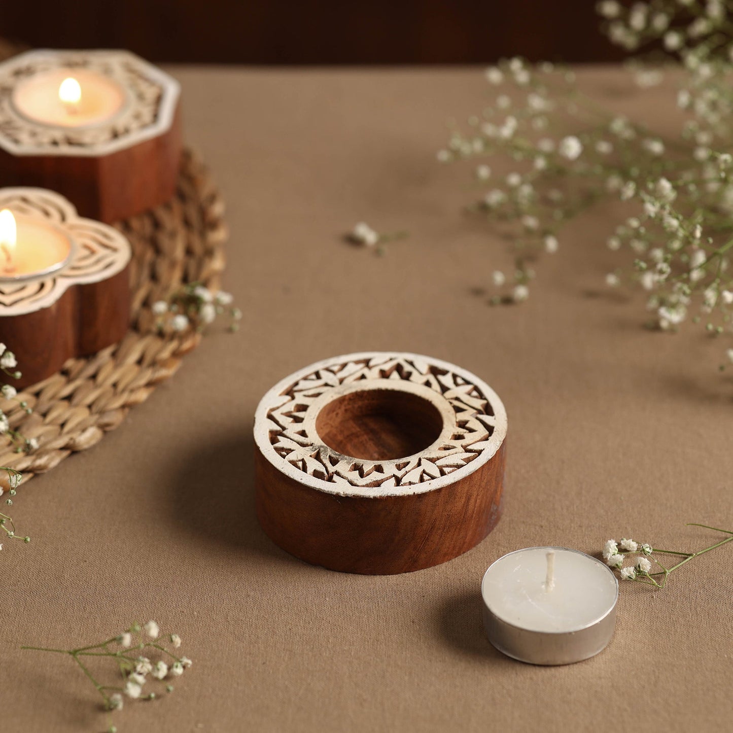 Hand Carved Sheesham Wood Block Tealight Candle Holder Online at iTokri.com
