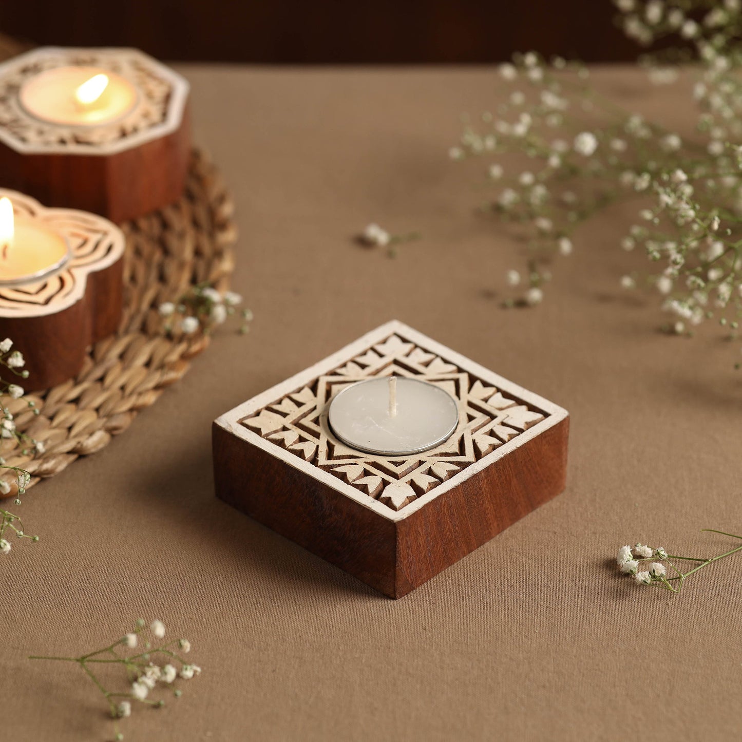 Hand Carved Sheesham Wood Block Tealight Candle Holder Online at iTokri.com
