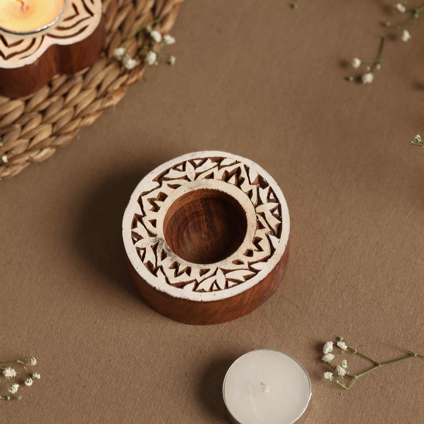 Hand Carved Sheesham Wood Block Tealight Candle Holder Online at iTokri.com