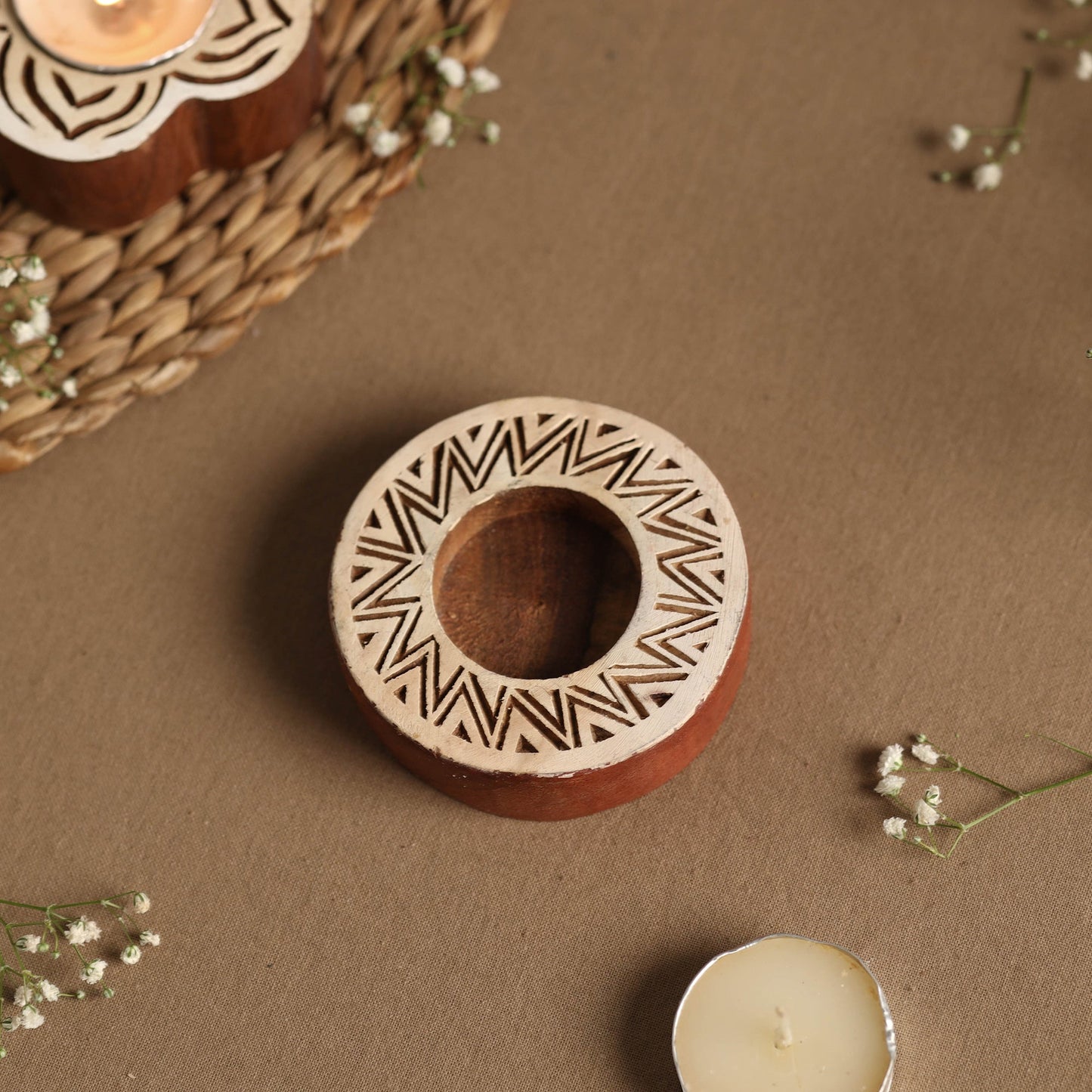Hand Carved Sheesham Wood Block Tealight Candle Holder Online at iTokri.com