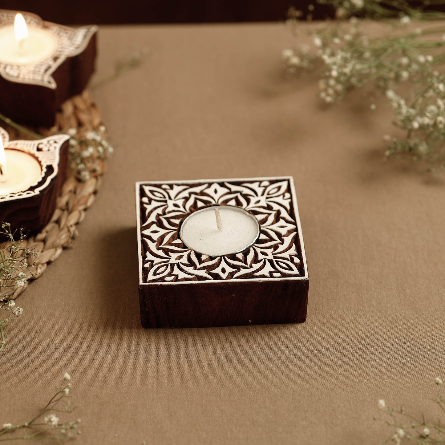 Hand Carved Sheesham Wood Block Tealight Candle Holder Online at iTokri.com