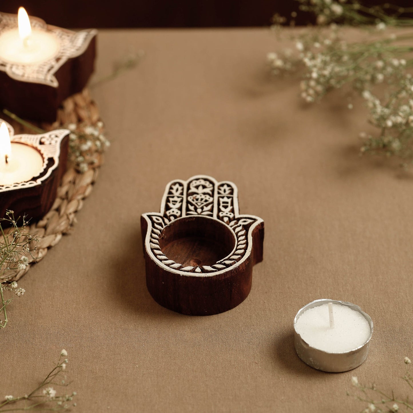 Hand Carved Sheesham Wood Block Tealight Candle Holder Online at iTokri.com