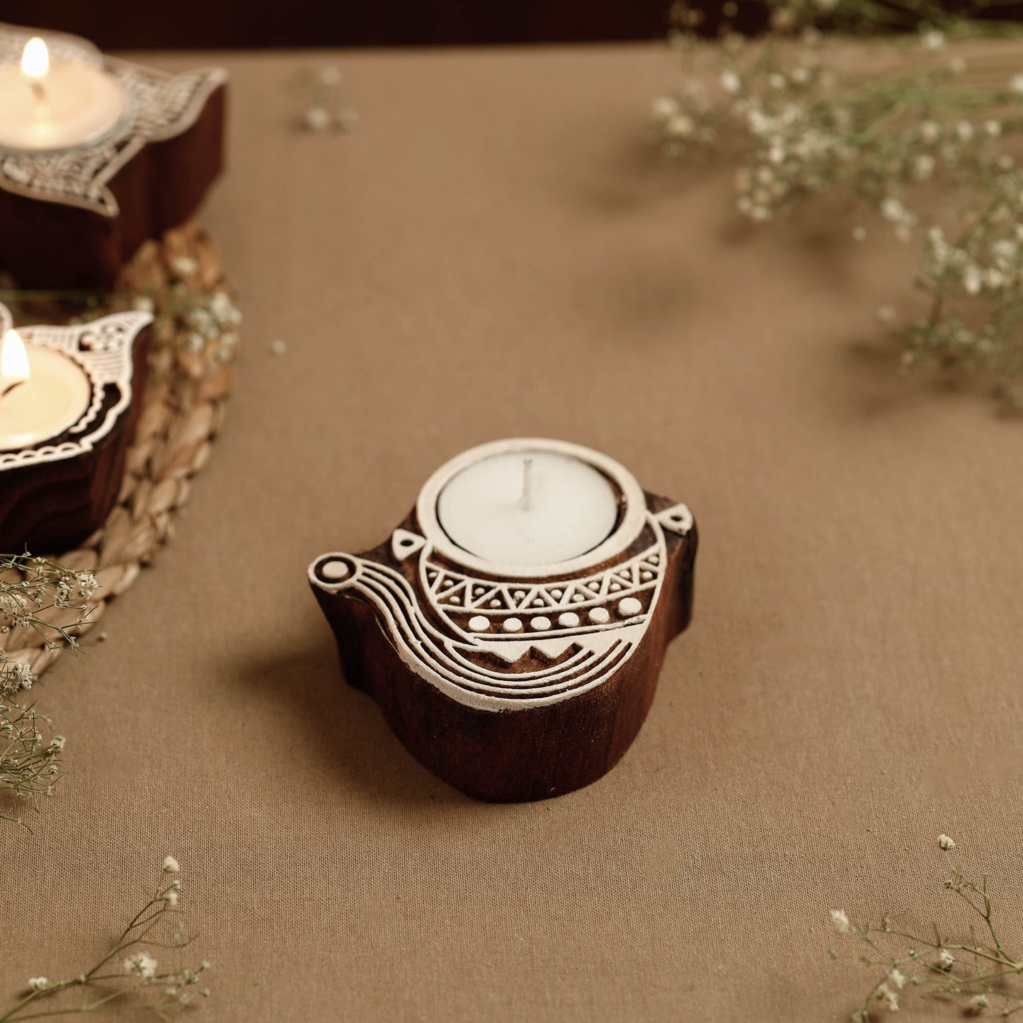 Hand Carved Sheesham Wood Block Tealight Candle Holder Online at iTokri.com