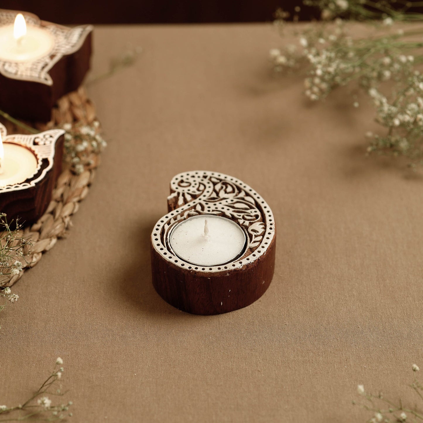 Hand Carved Sheesham Wood Block Tealight Candle Holder Online at iTokri.com