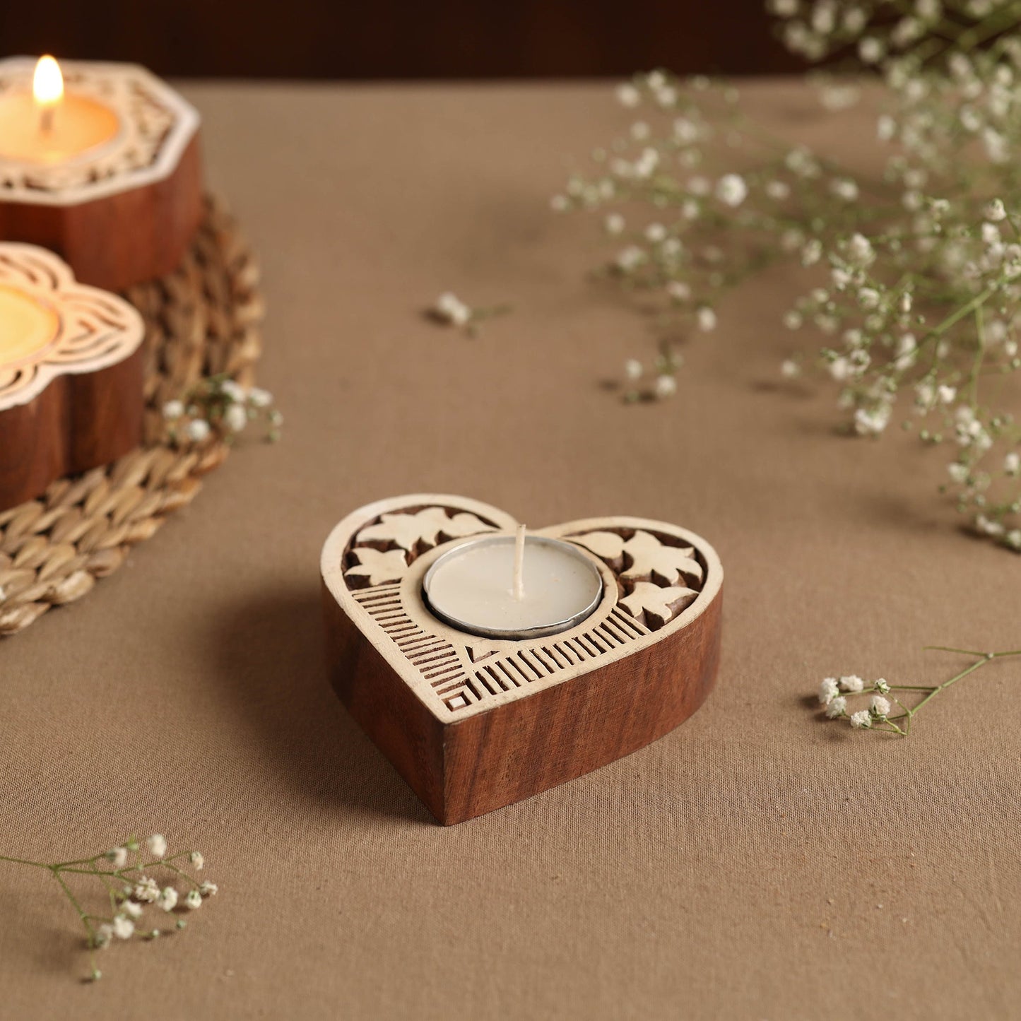 Hand Carved Sheesham Wood Block Tealight Candle Holder Online in India l iTokri.com