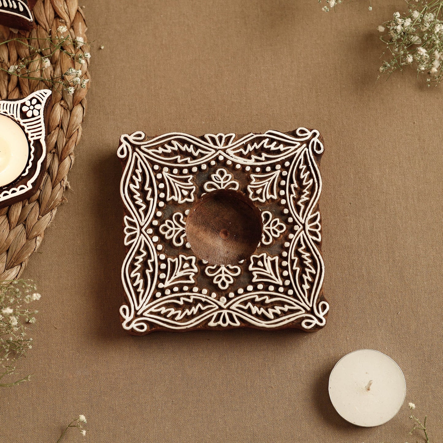 Hand Carved Sheesham Wood Block Tealight Candle Holder Online at iTokri.com