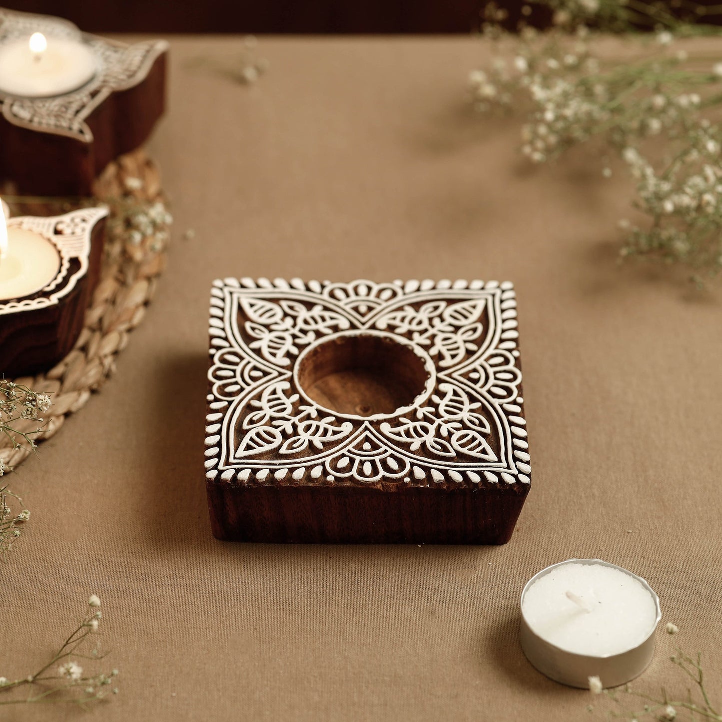 Hand Carved Sheesham Wood Block Tealight Candle Holder Online at iTokri.com