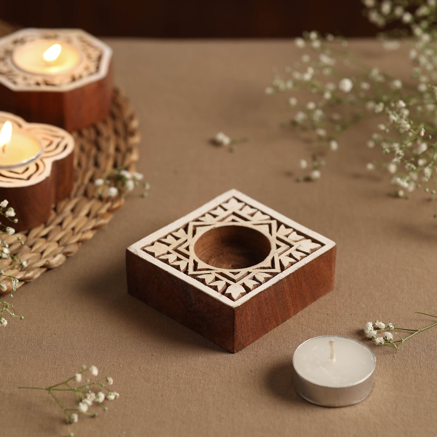 Hand Carved Sheesham Wood Block Tealight Candle Holder Online at iTokri.com