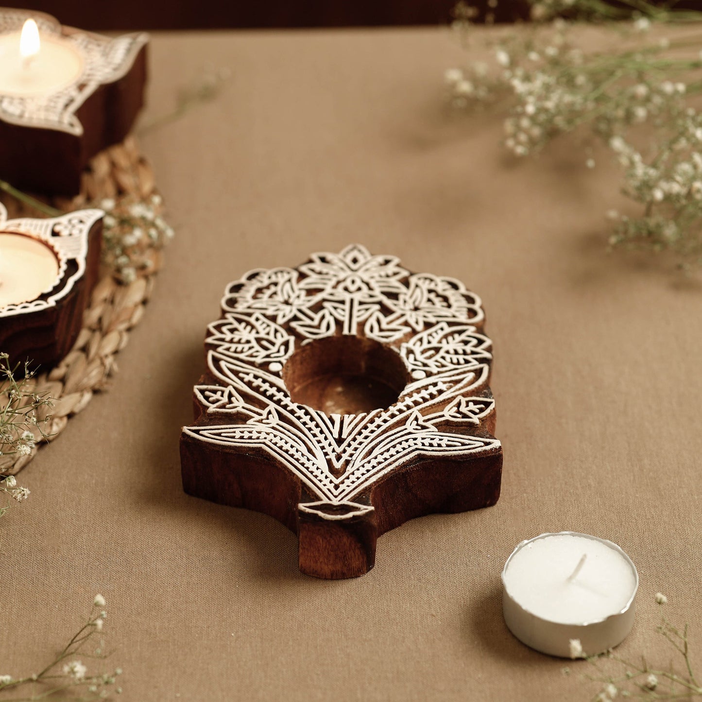 Hand Carved Sheesham Wood Block Tealight Candle Holder Online at iTokri.com