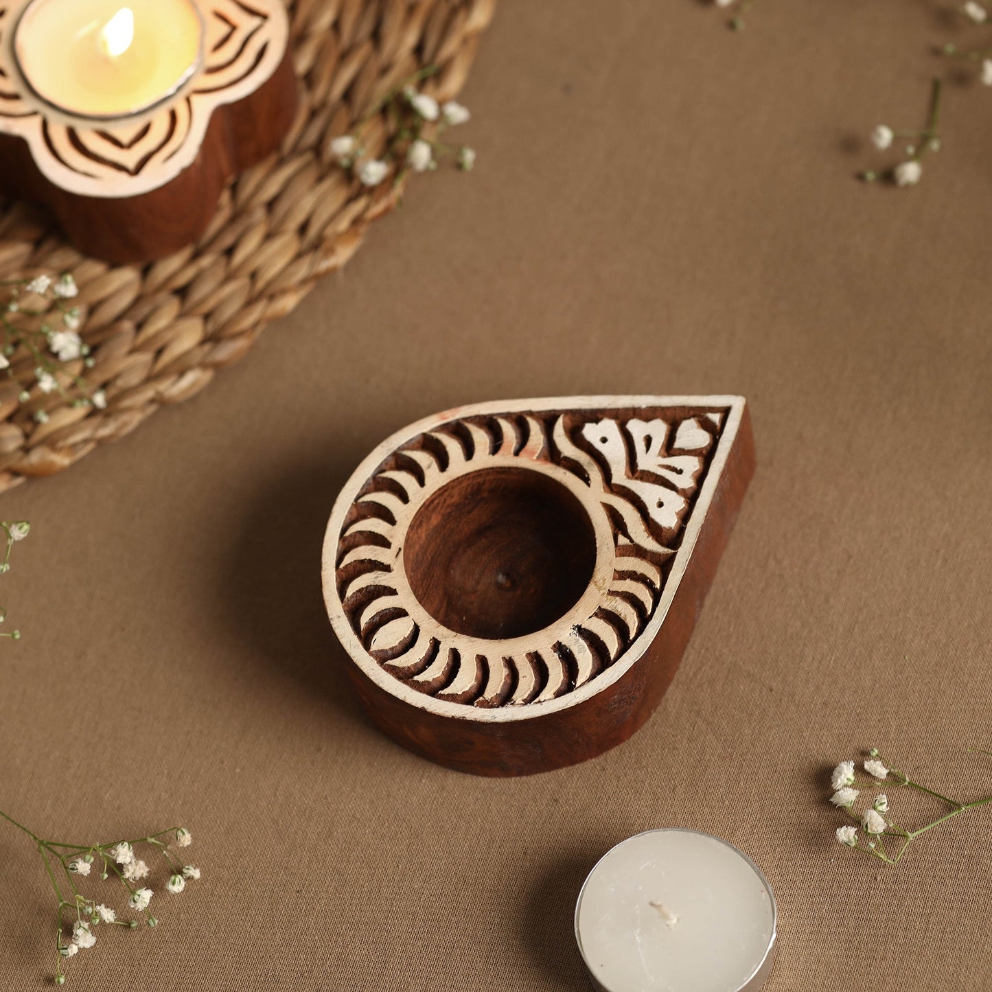 Hand Carved Sheesham Wood Block Tealight Candle Holder Online at iTokri.com