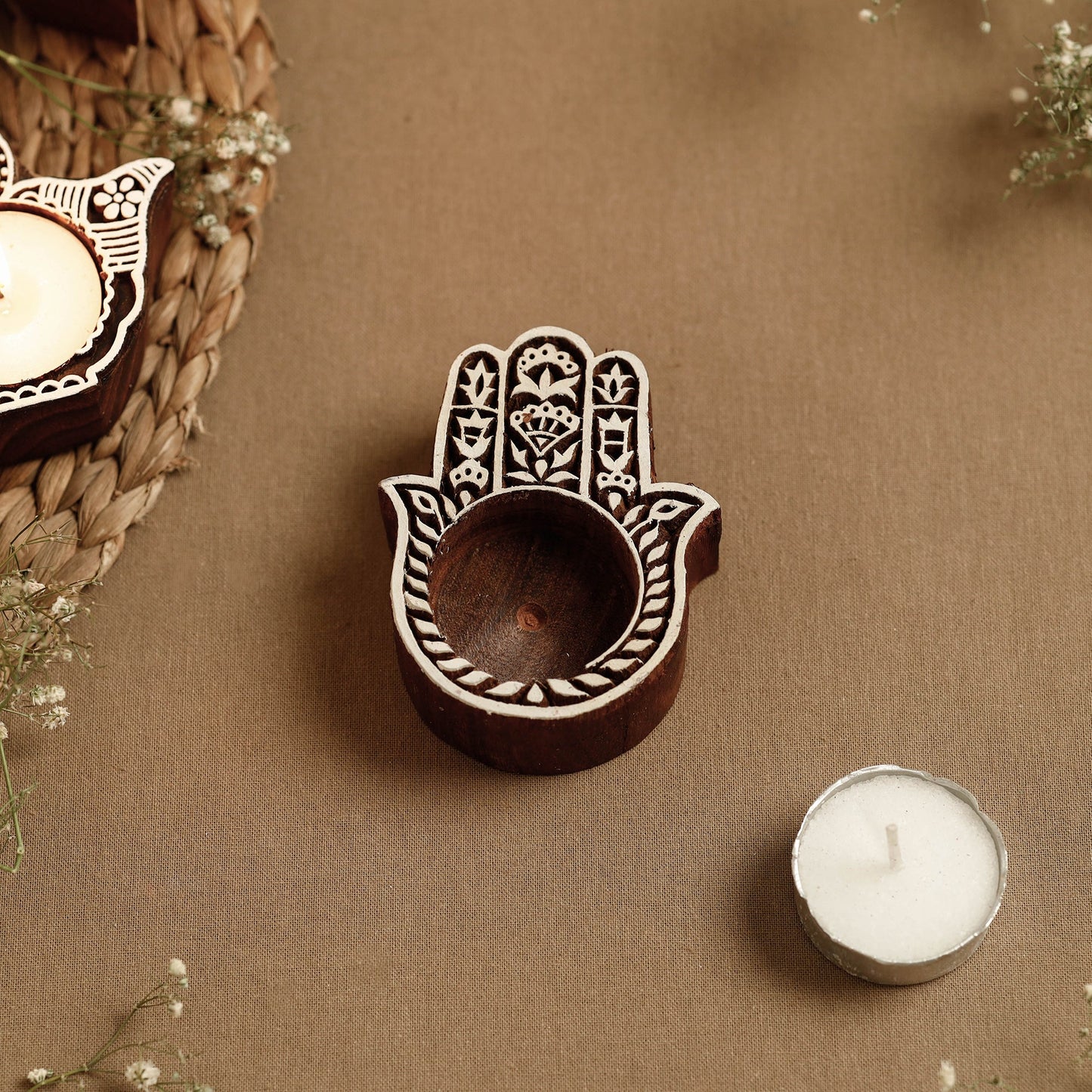 Hand Carved Sheesham Wood Block Tealight Candle Holder Online at iTokri.com