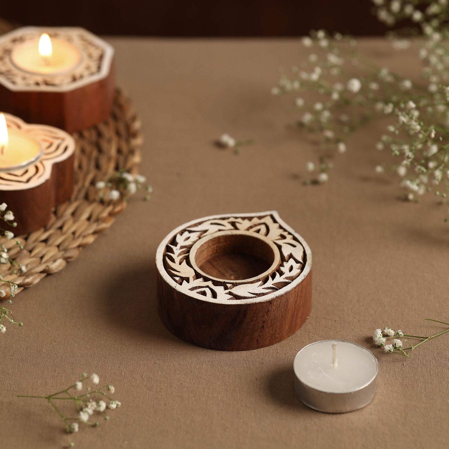 Hand Carved Sheesham Wood Block Tealight Candle Holder Online at iTokri.com