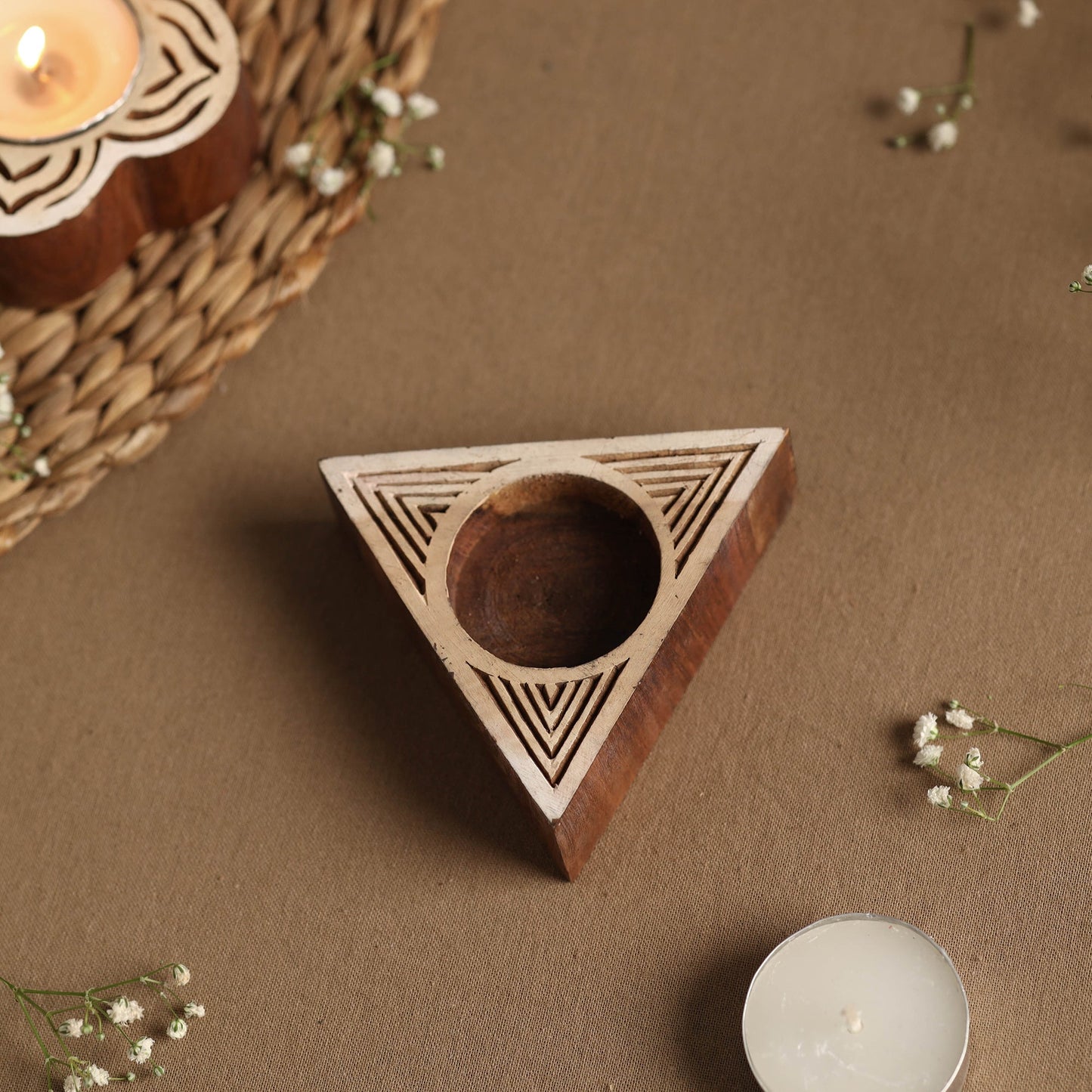 Hand Carved Sheesham Wood Block Tealight Candle Holder Online at iTokri.com
