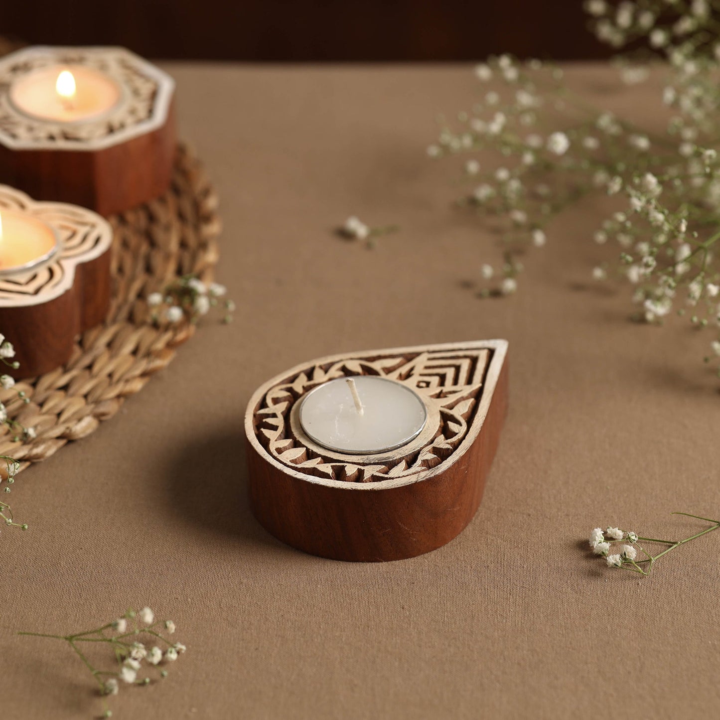 Hand Carved Sheesham Wood Block Tealight Candle Holder Online at iTokri.com