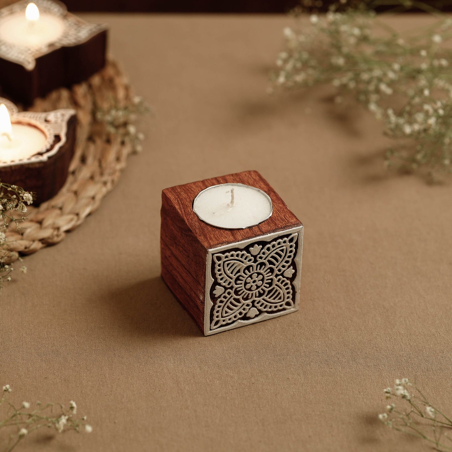 Hand Carved Sheesham Wood Block Tealight Candle Holder Online at iTokri.com