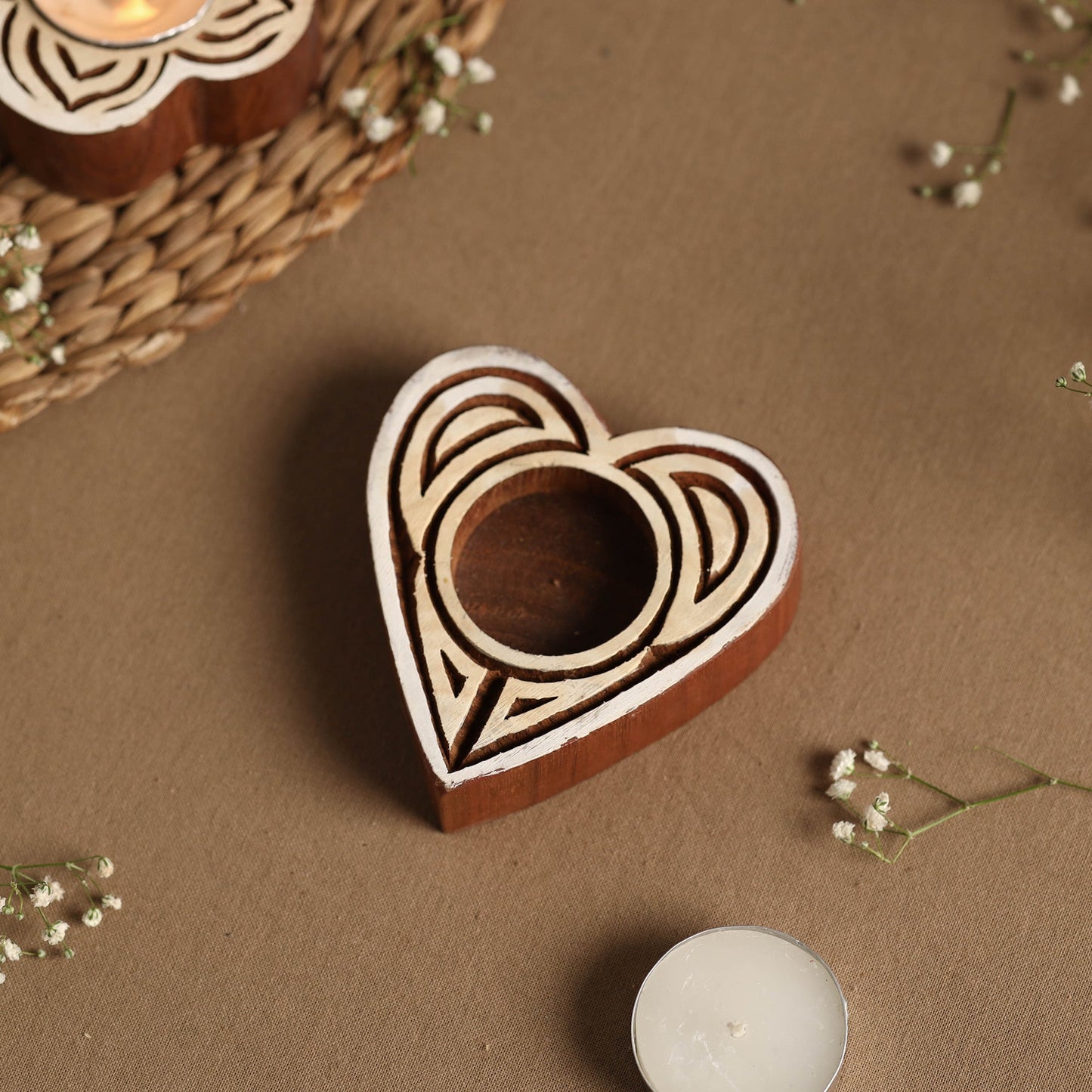Hand Carved Sheesham Wood Block Tealight Candle Holder Online at iTokri.com