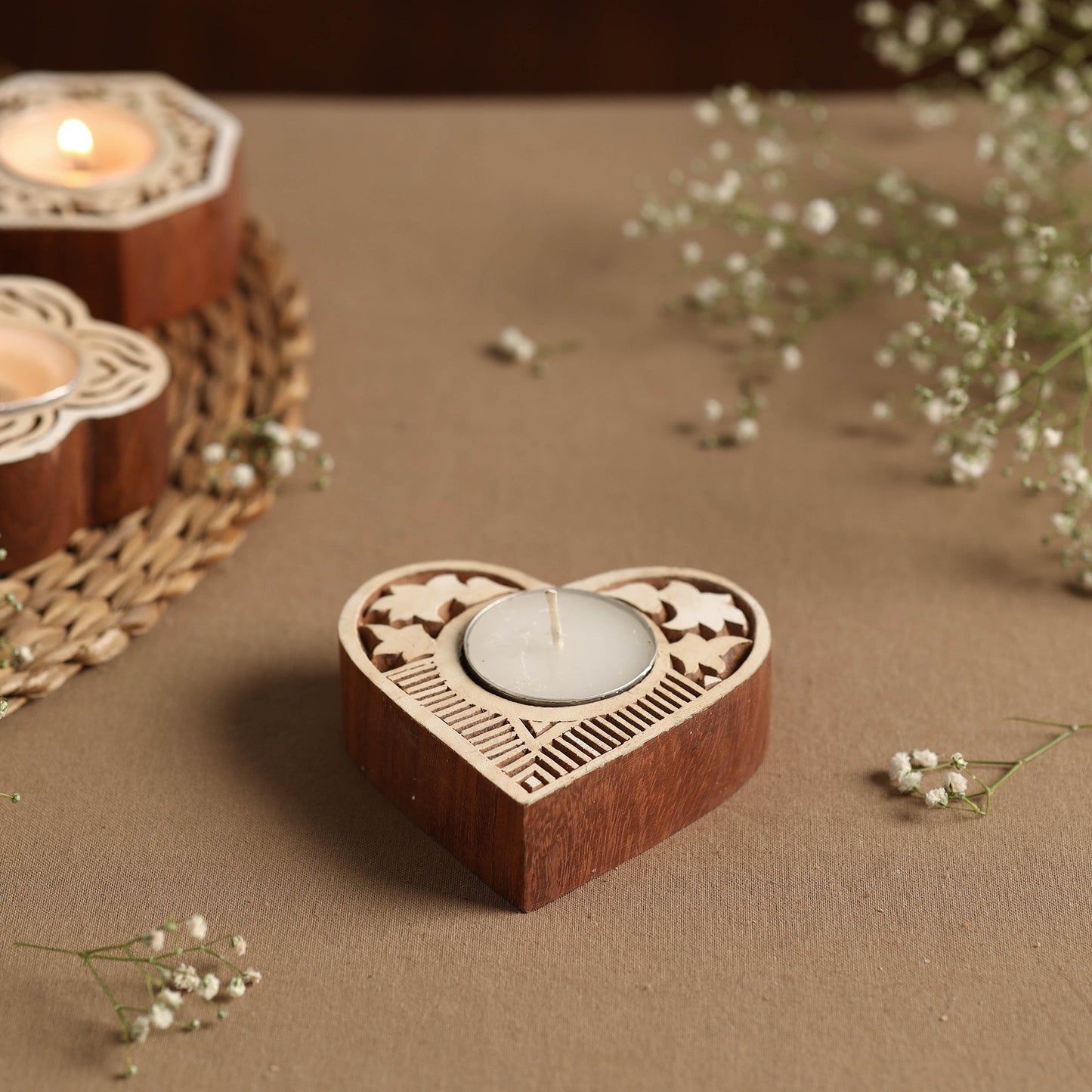 Hand Carved Sheesham Wood Block Tealight Candle Holder Online at iTokri.com