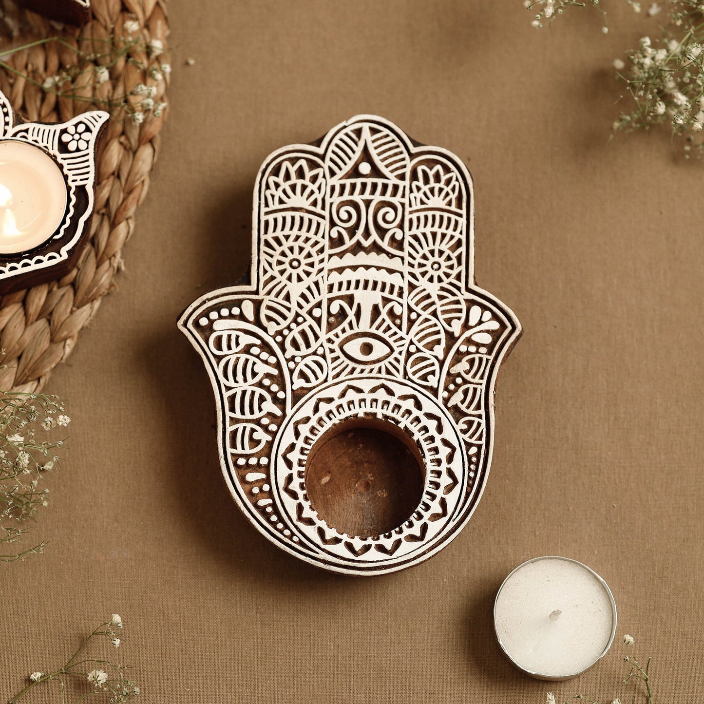 Hand Carved Sheesham Wood Block Tealight Candle Holder Online at iTokri.com