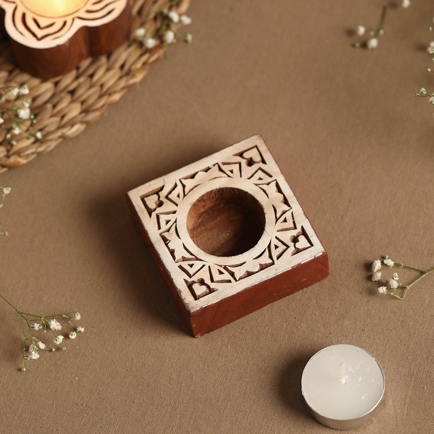 Hand Carved Sheesham Wood Block Tealight Candle Holder Online at iTokri.com