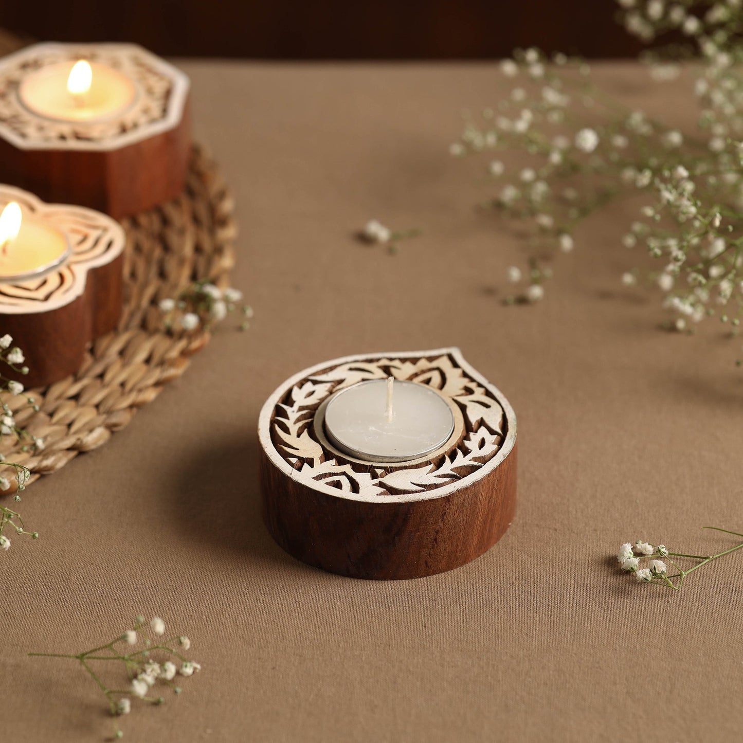 Hand Carved Sheesham Wood Block Tealight Candle Holder Online at iTokri.com