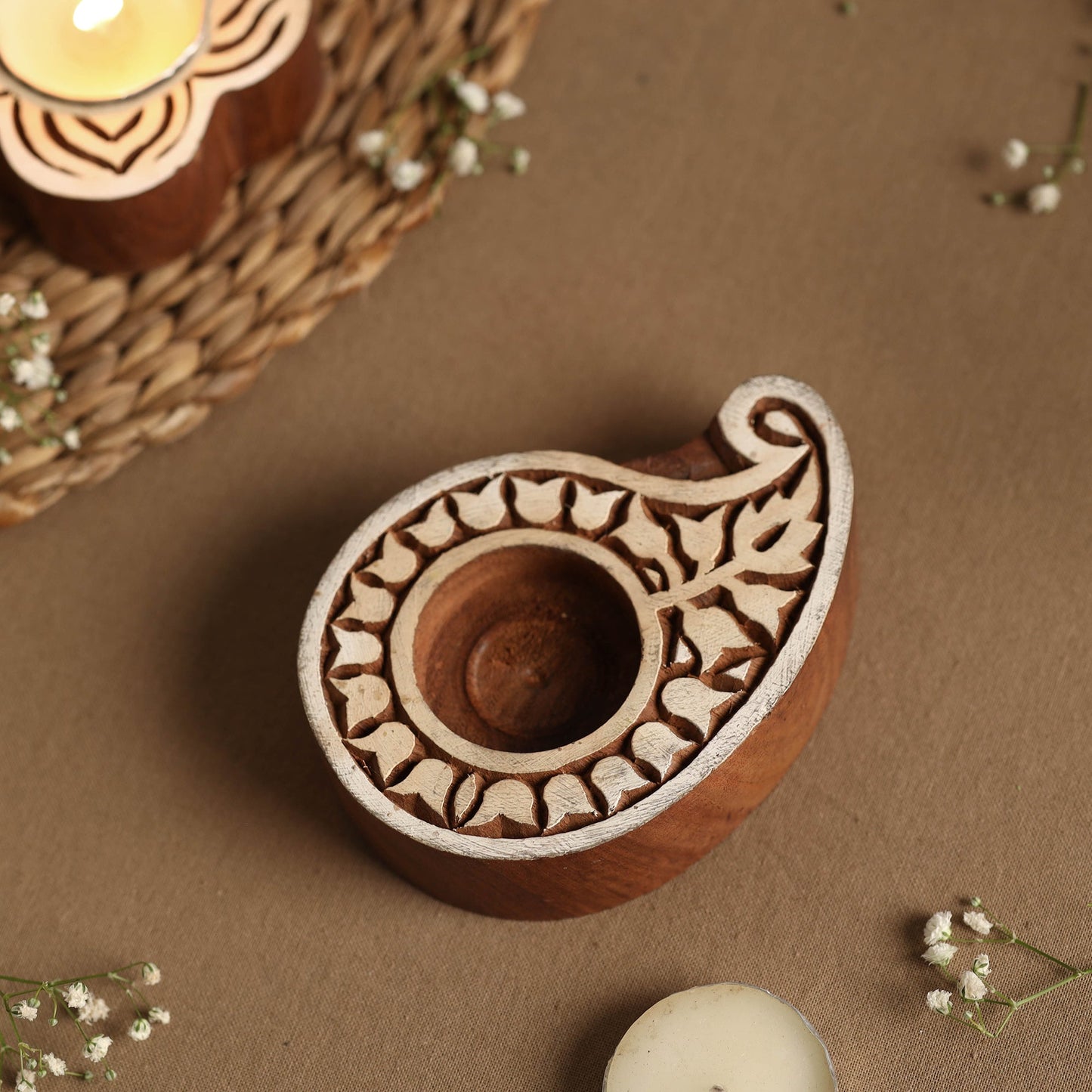 Hand Carved Sheesham Wood Block Tealight Candle Holder Online at iTokri.com