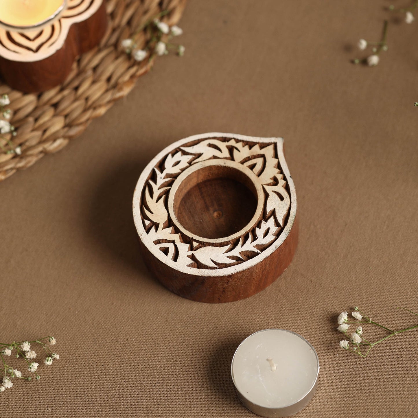 Hand Carved Sheesham Wood Block Tealight Candle Holder Online at iTokri.com